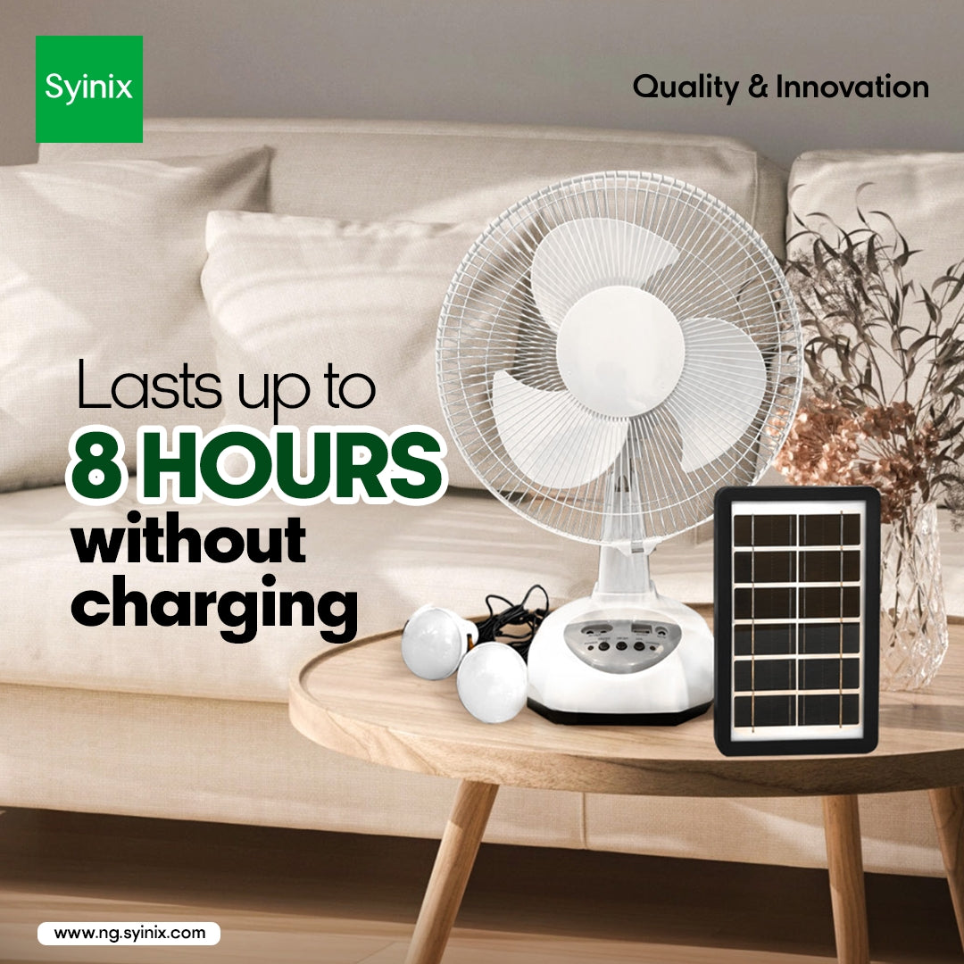 Syinix 12 Inches Rechargeable Fan +Solar Panel +13 Months Warranty