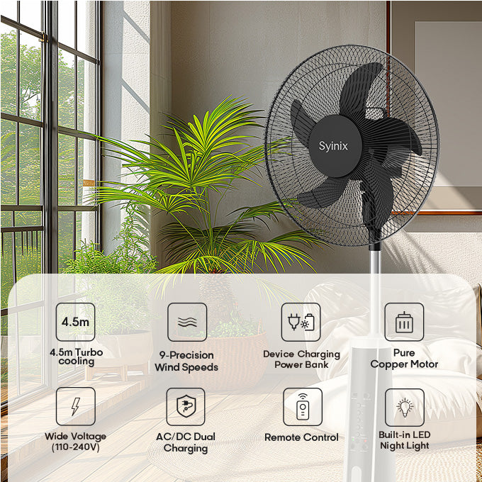 4.Syinix 18 Inches Rechargeable Fan+10 Hours+ Remote Control+ Pure Copper Motor+LED+13Months Warranty