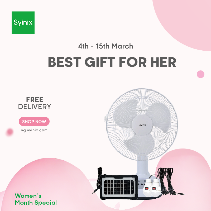 4.Syinix 12 Inches Rechargeable Fan +Solar Panel +13 Months Warranty