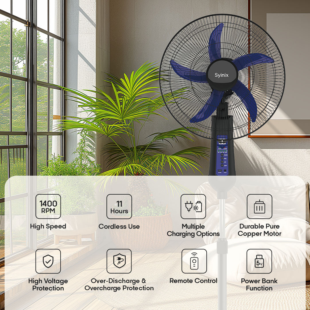 5.Syinix 18''Rechargeable Fan1400RMP/ Pure Copper Motor /11 Hours Use