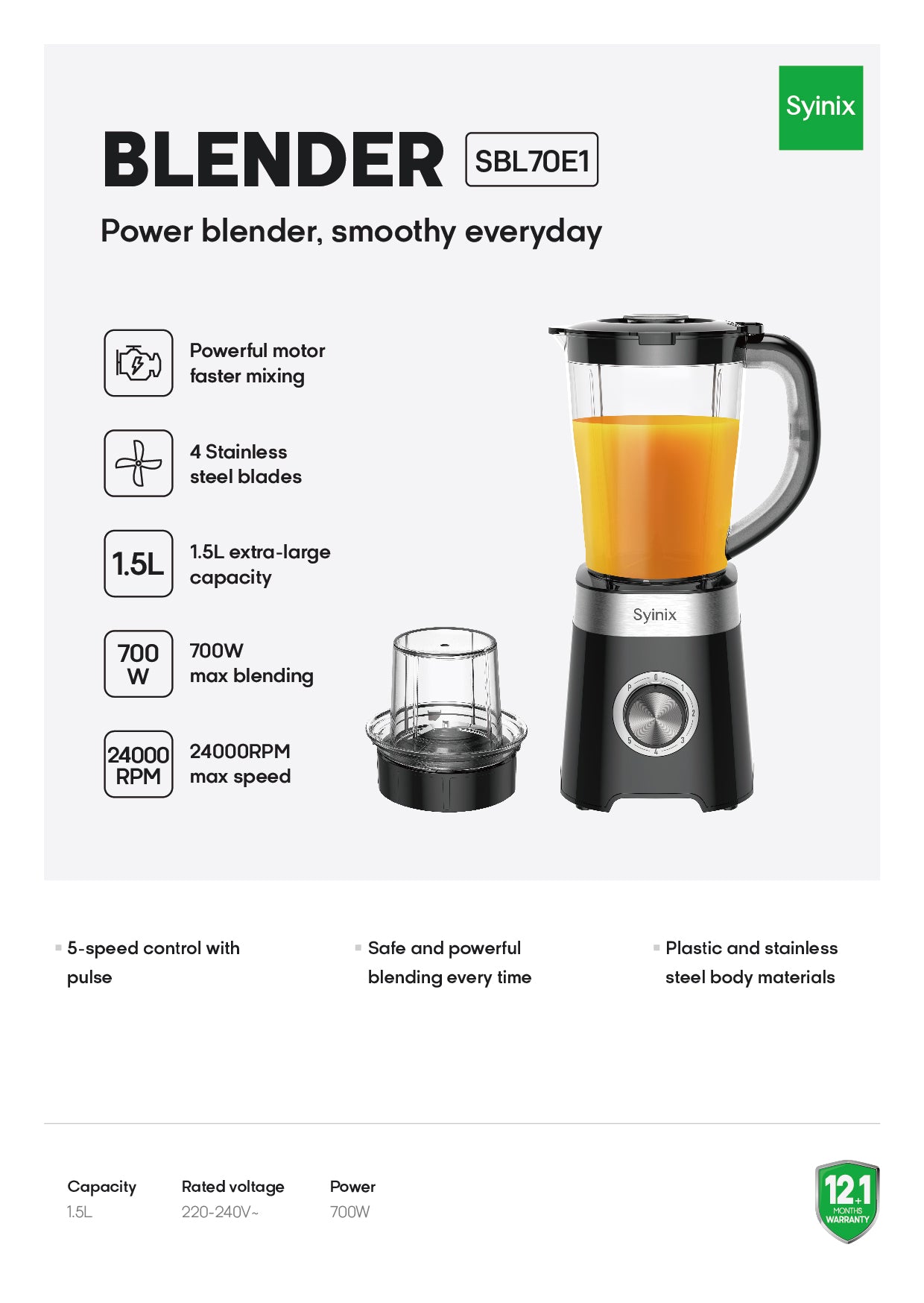 5. Syinix 1.5L Big Jar / 700Watts Motor/4 Speed/ 2 -IN-1 Power Blender