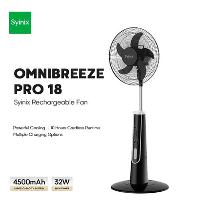 4.Syinix 18 Inches Rechargeable Fan+10 Hours+ Remote Control+ Pure Copper Motor+LED+13Months Warranty
